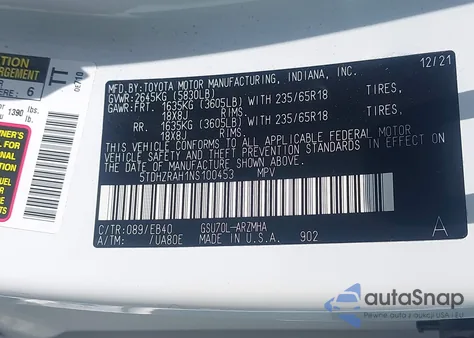 2022 Toyota Highlander Xle из США, поврежденный, VIN 5TDHZRAH1NS100453